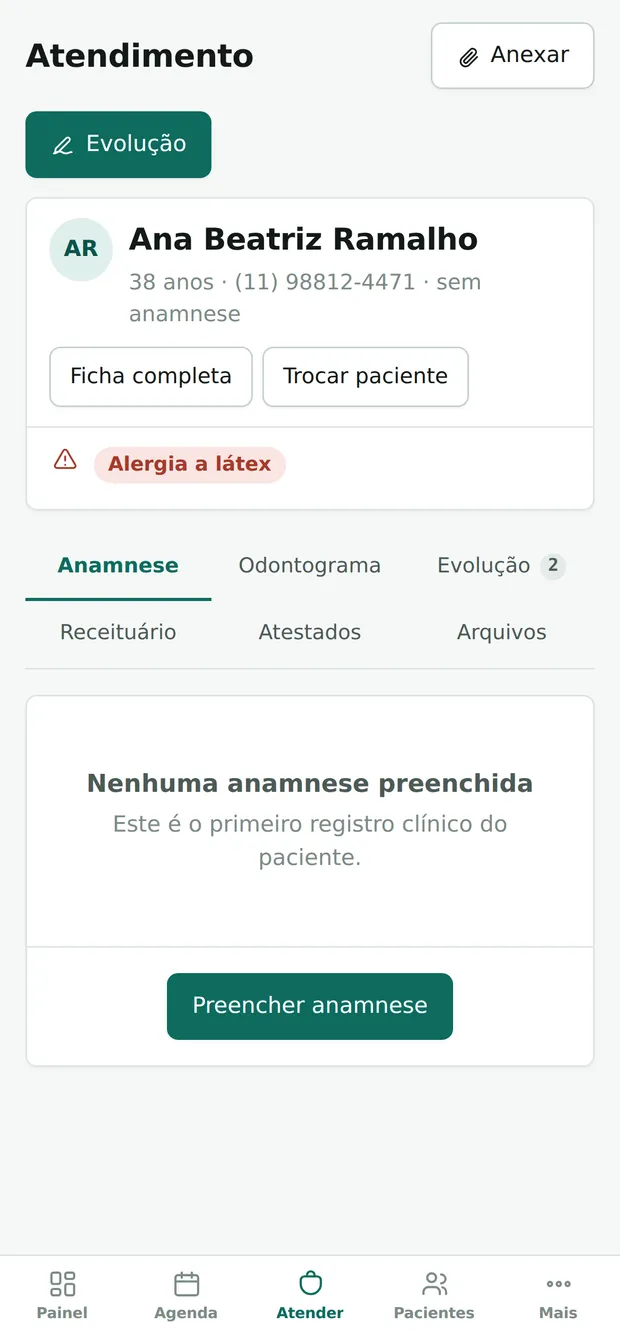 A tela de atendimento no celular, com as abas da ficha.