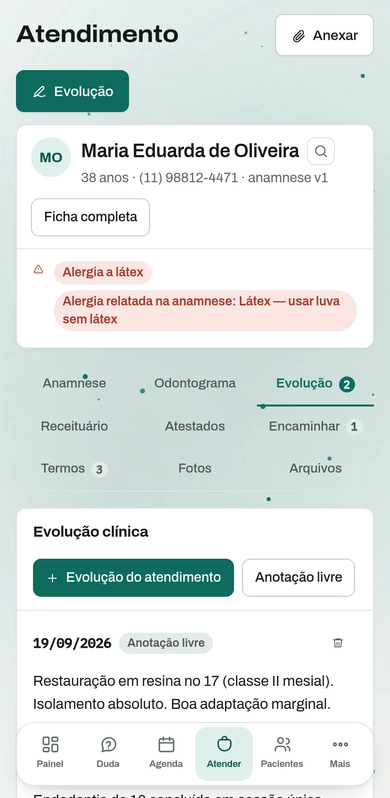 A evolução clínica da paciente num iPhone menor, com as abas da ficha.