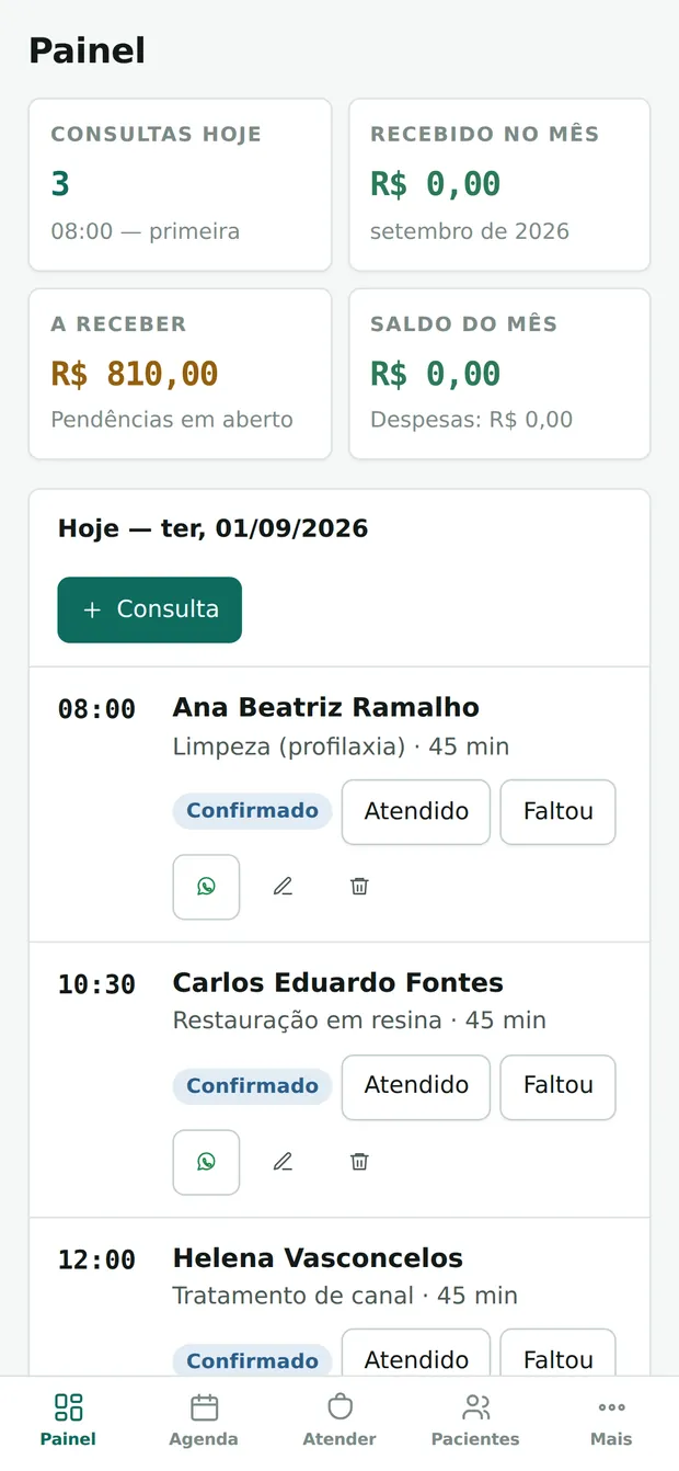 O painel do sistema no celular, com as consultas do dia.