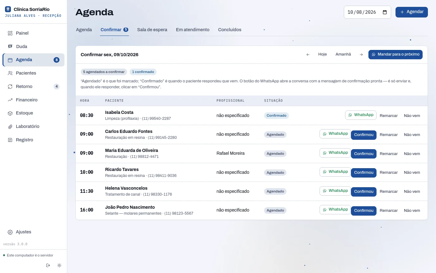 Aba Confirmar com os pacientes agendados e o botão do WhatsApp.