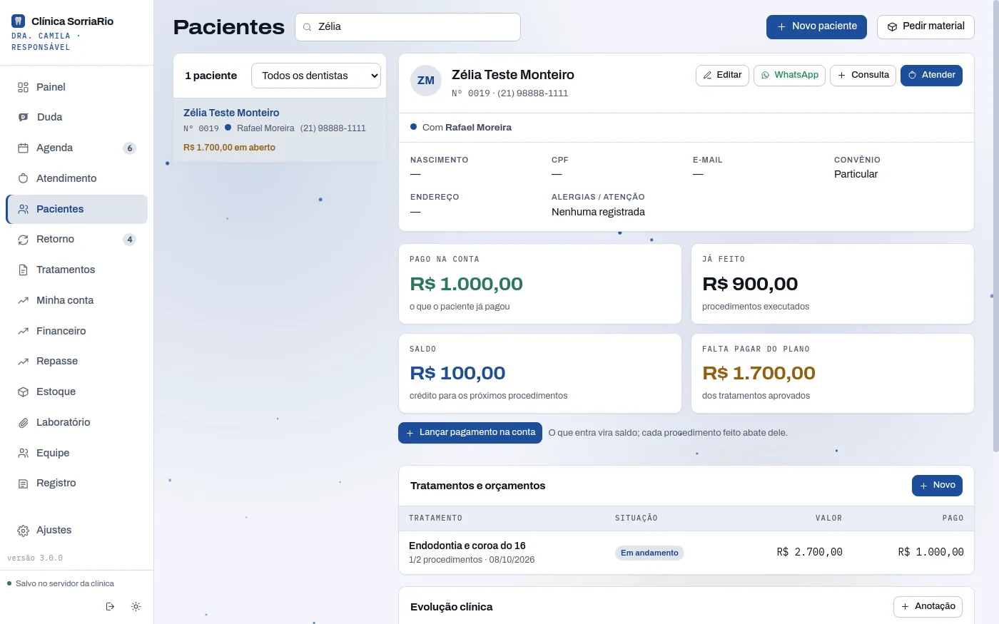 Ficha do paciente com a conta: pago, feito, saldo e falta pagar.