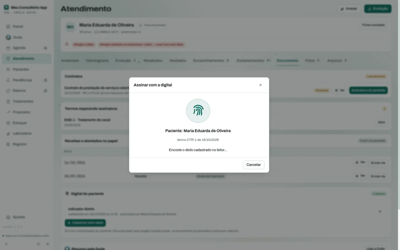 Janela de assinatura pela digital pedindo o dedo cadastrado do paciente.