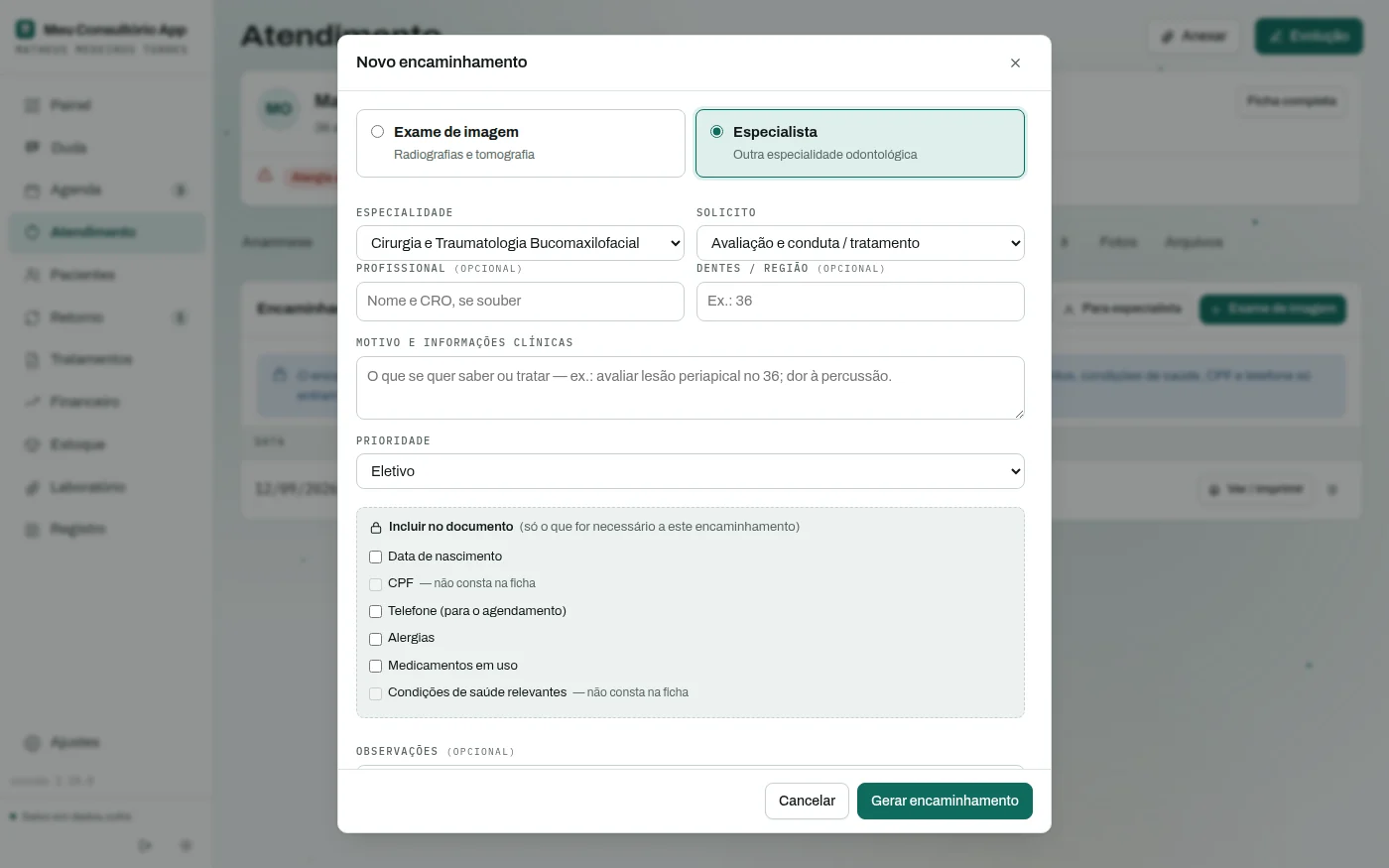 Formulário de encaminhamento a especialista, com as opções de dados para incluir desmarcadas.