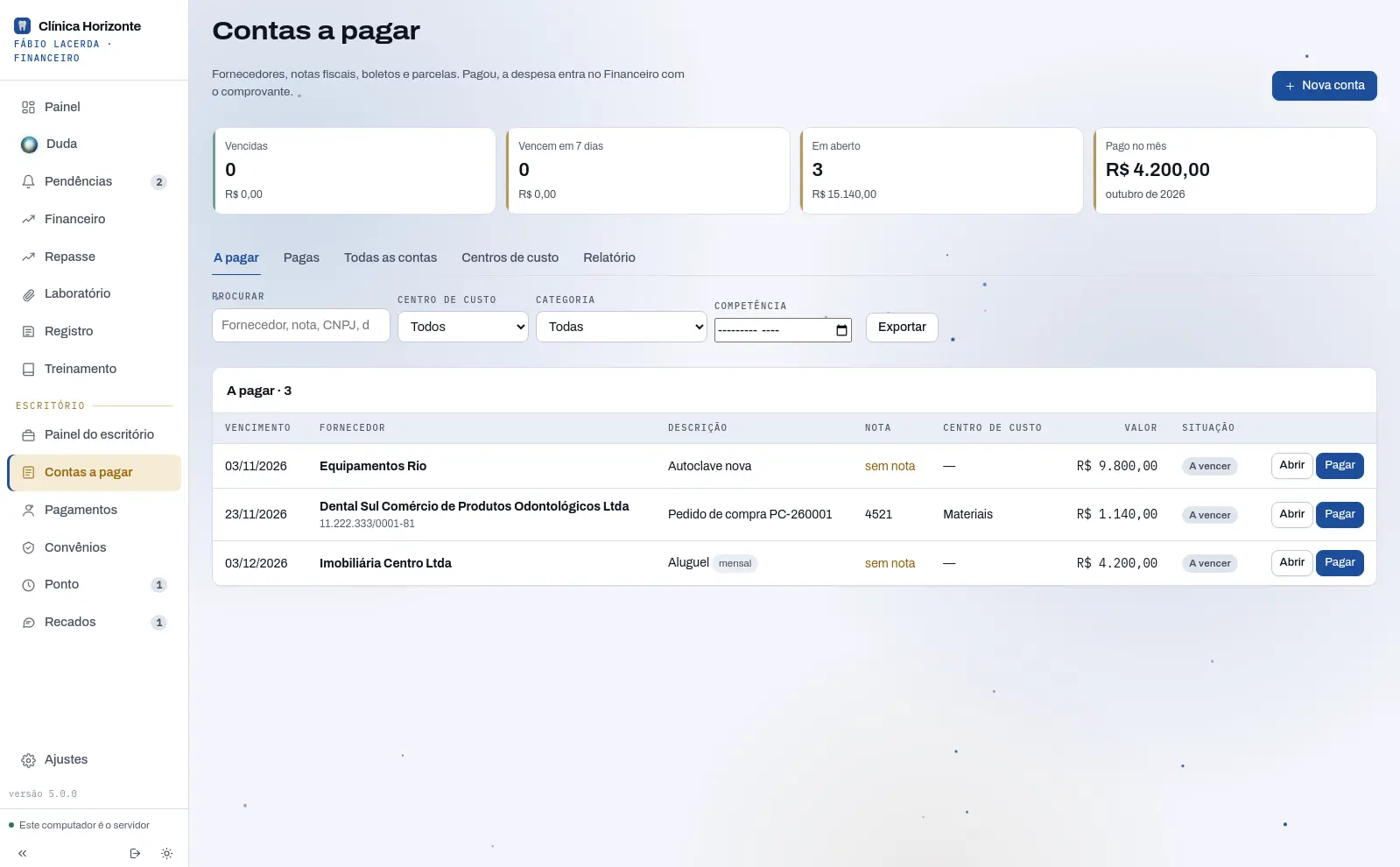 Contas a pagar com fornecedores, vencimentos e valores