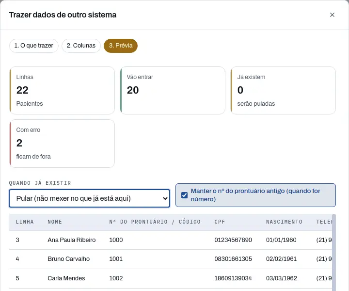A prévia da importação