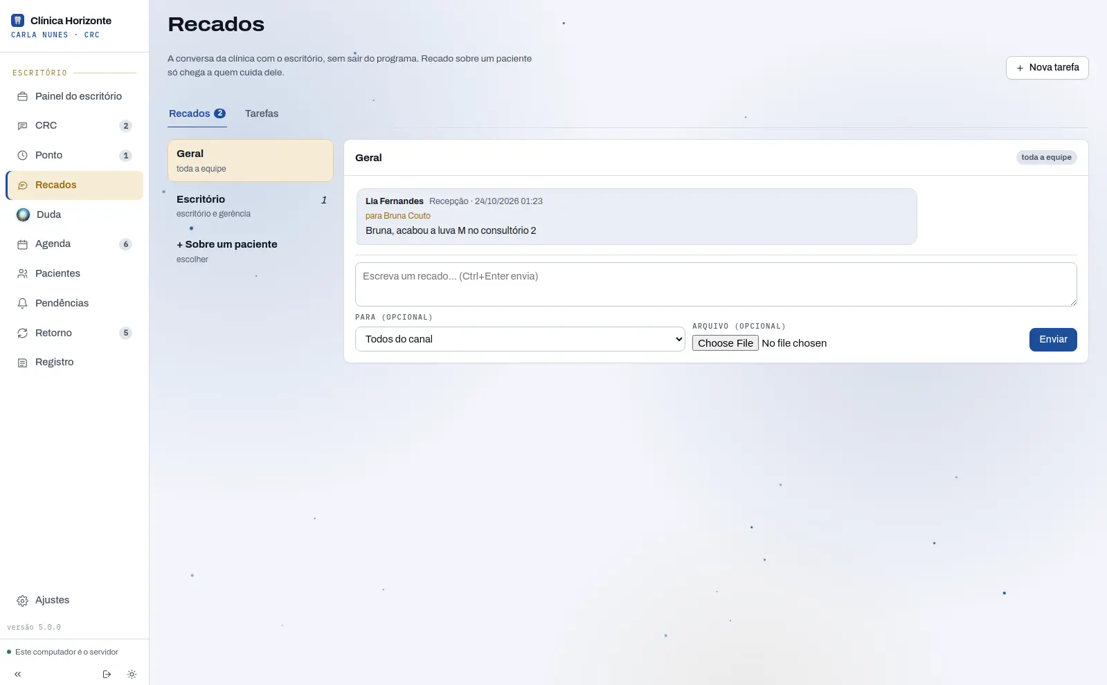 Recados da equipe por canal