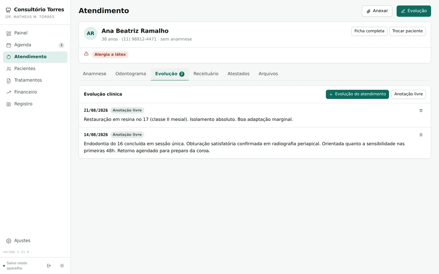 Lançamentos de evolução datados, assinados e bloqueados para edição.