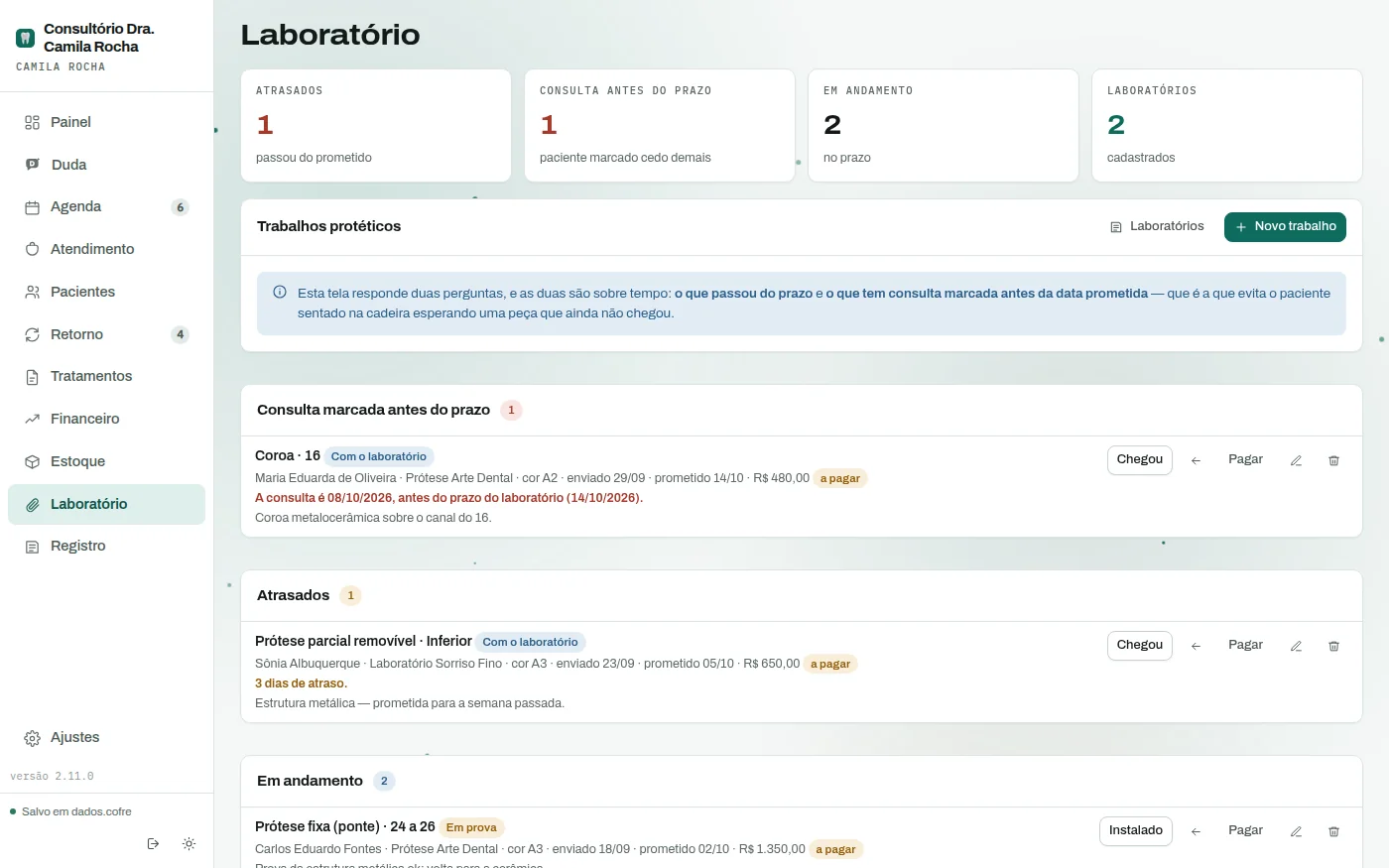 Tela do laboratório com os trabalhos, a etapa de cada um e o prazo prometido.