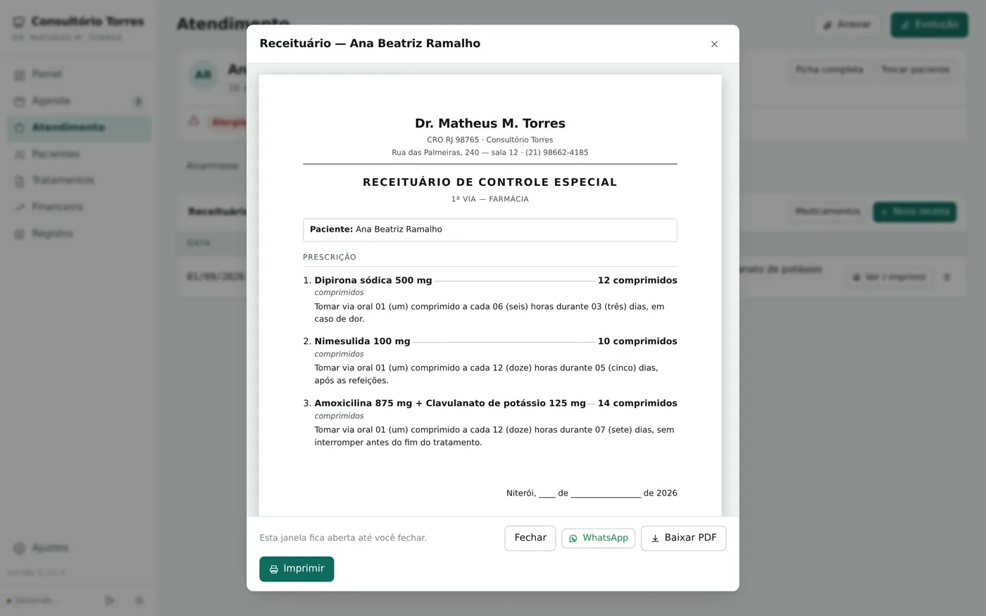 Prévia de um receituário pronto, com cabeçalho do profissional e a posologia de cada medicamento.