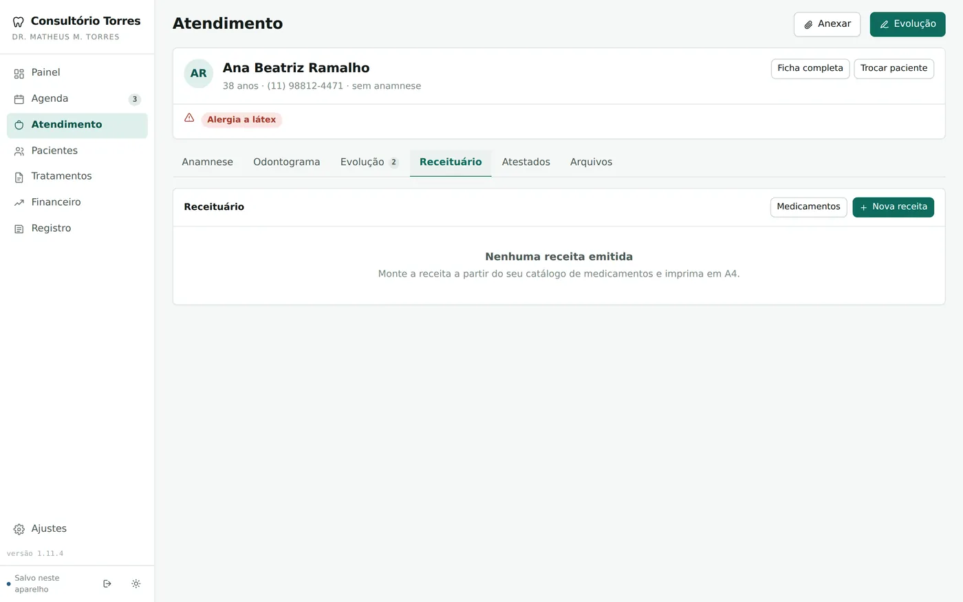 Aba de receituário com as receitas já emitidas para o paciente.