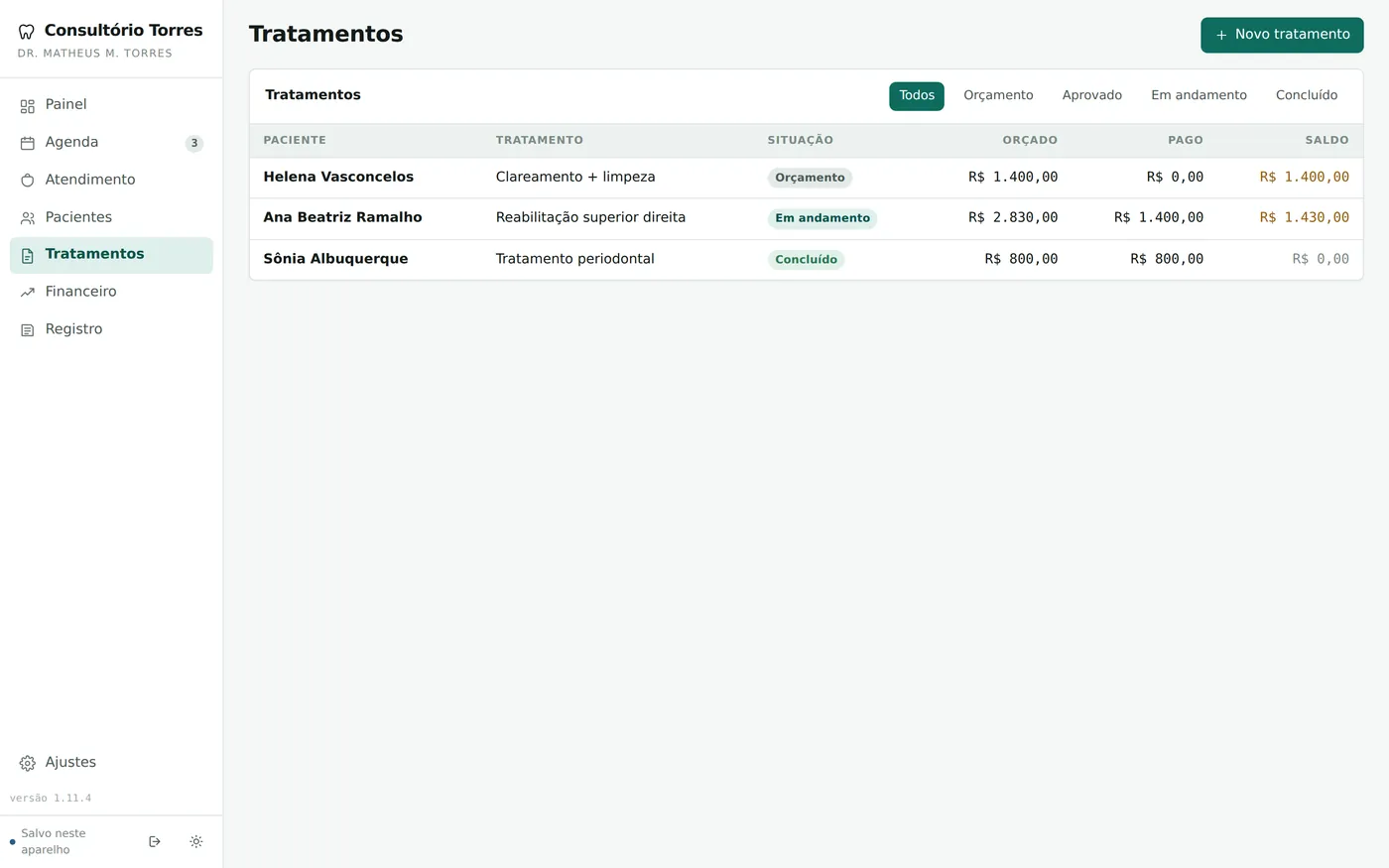 Lista de tratamentos com situação, valor orçado, pago e saldo.